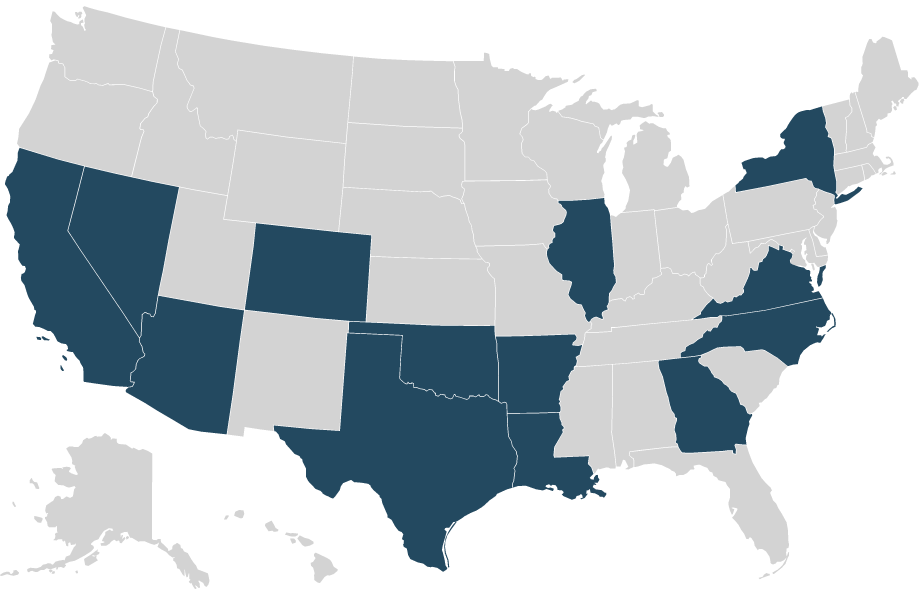 map of the USA with Arkansas, Arizona, California, Colorado, Georgia, Illinois, Louisiana, North Carolina, Nevada, New York, Oklahoma, Texas, & Virginia highlighted in blue